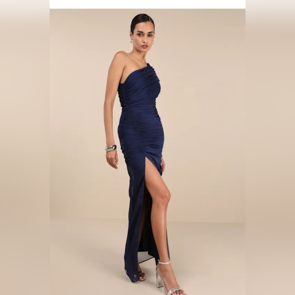 Lulu's Navy One-Shoulder Ruched Gown with High Slit